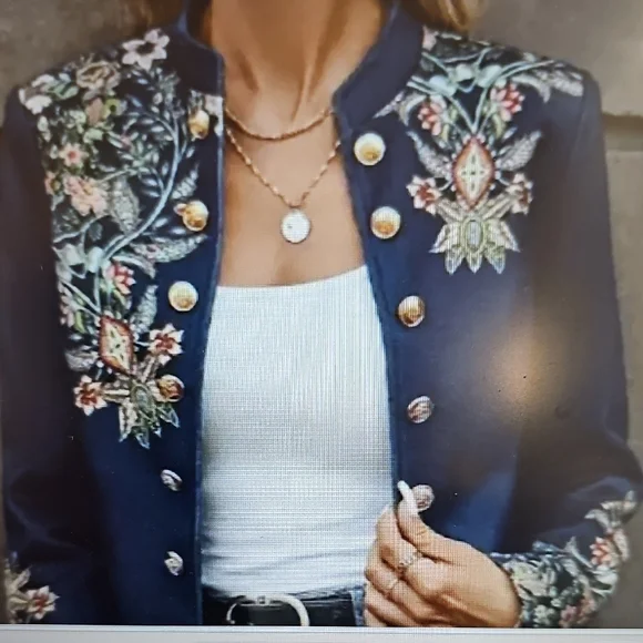 NWT Sinhoon Navy Double Breasted Gold Tone Button Tailored Floral Blazer XL - Picture 2 of 12